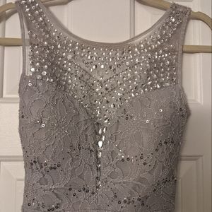 Silver grey lace evening gown